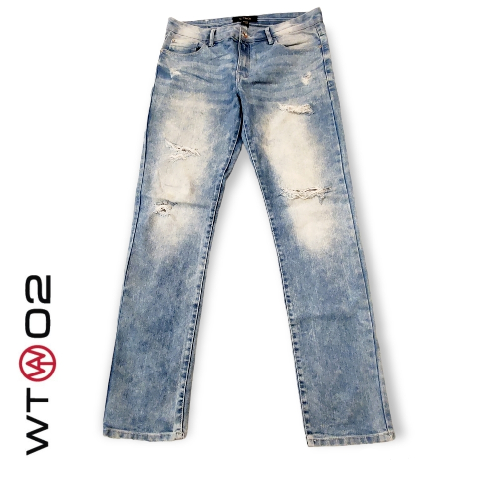 WT02 Men's Distressed Clean Washed Skinny Jeans